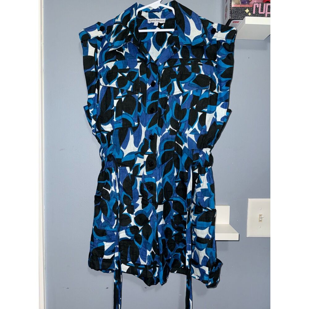 Karina Grimaldi 100% Linen Blue Abstract Romper | Size Small | Beachy Preppy